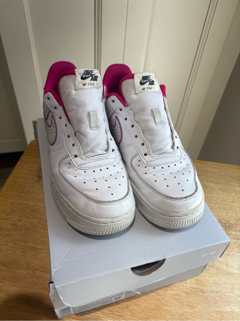 Nike White and Pink Air Force 1 Low Sneakers